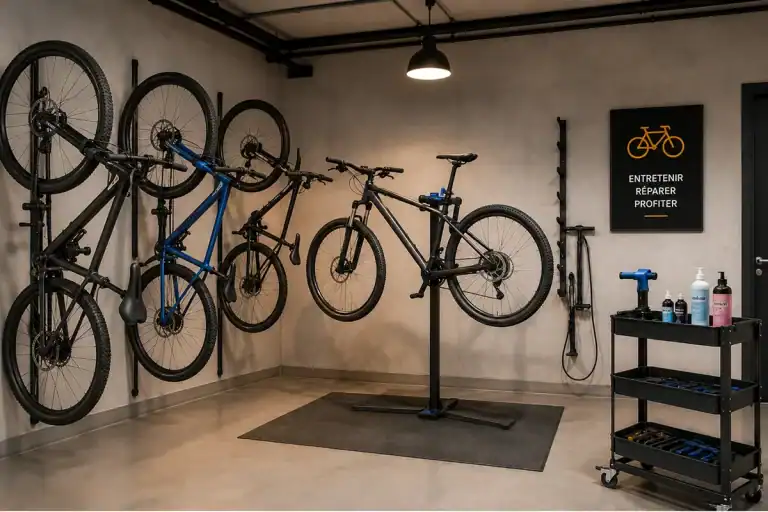 Vélos suspendus et prêts à être réparés dans l'atelier de vélo accessible aux résidents de Station 7, à Saint-Jérôme
