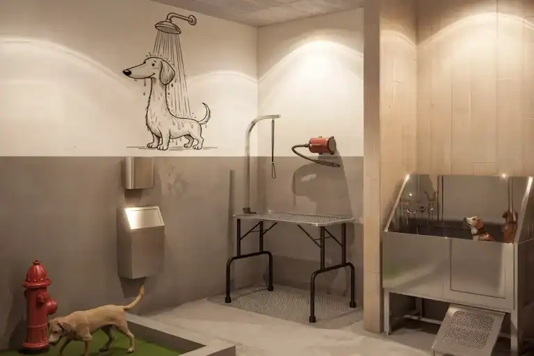 Salle de toilettage pour chiens accessible aux résidents des condos locatifs Station 7 à Saint-Jérôme
